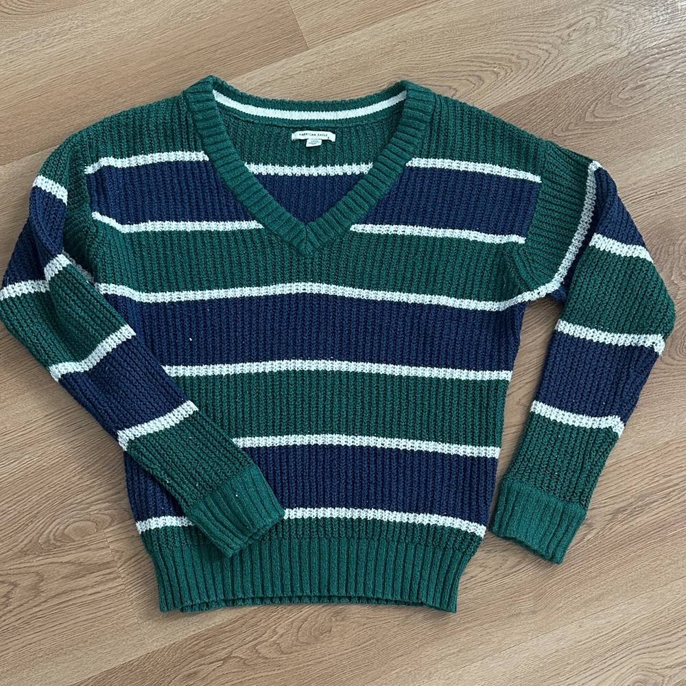 American Eagle Women’s Outfitters Green and Blue V-Neck Sweater